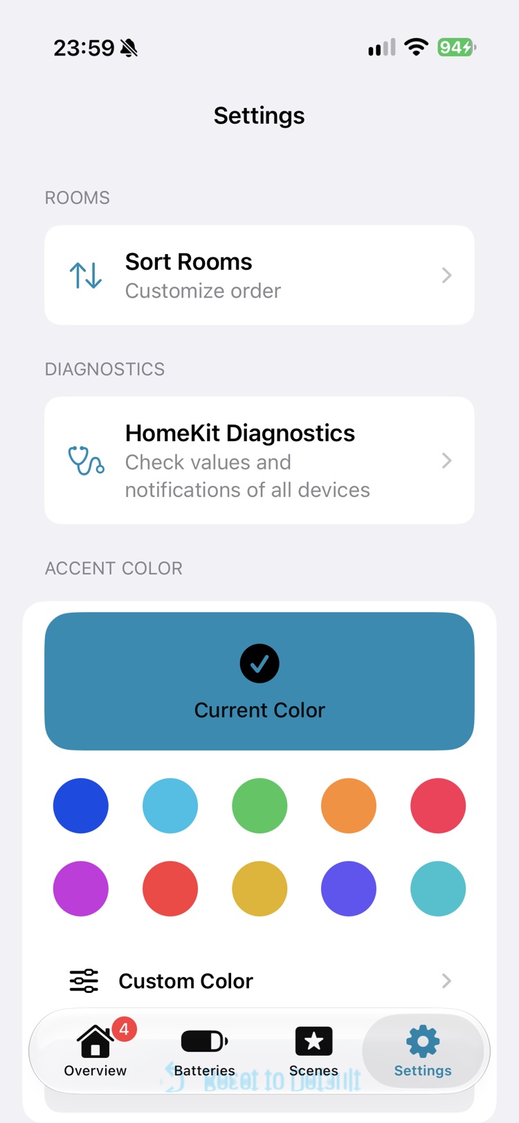 The Settings tab with entries for sorting rooms and HomeKit Diagnostics, and an accent colour section with a large preview of the current colour and ten colour choices.